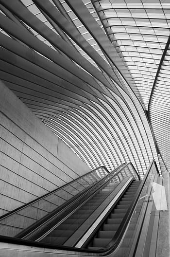 Architecture, Building, Repetition, architecture, building, lines, station, liège, rhythm, escalator, black white, cork-guillemins