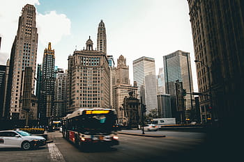 bus, passing, road, high-rise, buildings, architecture, building, infrastructure, sky, skyscraper, tower