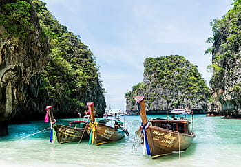 three, brown, motor boats, shorelines, thailand, phuket, koh phi phi, island tour, colorful boats, beach, sea