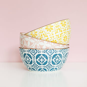 stacked, bowls, colorful, yellow, pink, blue, pattern, comtemporary, design, tableware, pastel