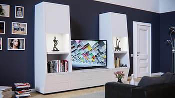 apartament, ecran TV, modern, centru de divertisment, perete viu, mobila, raft, cabinet, piese de mobilier, spaţiu, sufragerie