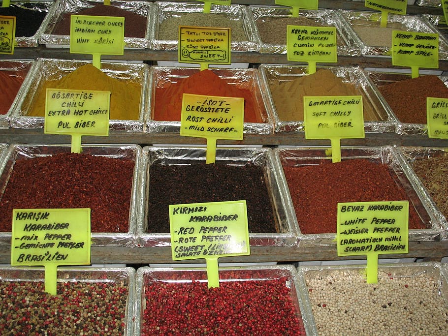 koření, aroma, zápach, trh, bazar, jídlo, paprika, text, cenovka, maloobchodní, variace