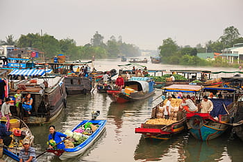 group, people, inside, boats, daytime, floating market, on the river, culture, the tradition, the mekong delta, river