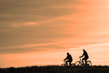 two, silhouette, man, riding, bicycle, golden, hour time, cyclist, person, people, men
