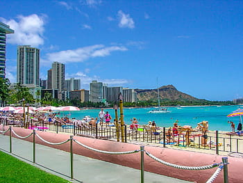 diamantová hlava, oahu, pláž, oceán, pobřeží, hawaii, město, honolulu, panoráma