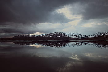 montagna, corpo, acqua, calma, circondato, montagne, cumulo, nuvole, natura, paesaggio, vertice