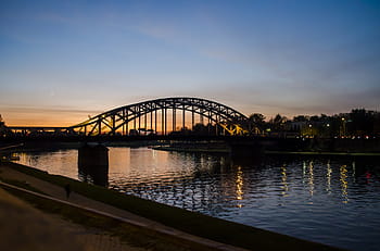 Cracovia, ponte, fiume, Wisla, acqua, ponte stradale, sera