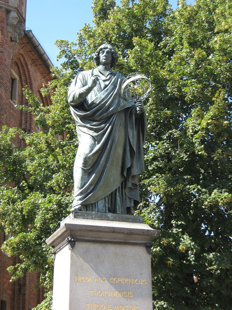 šedá, beton, socha, strom, památník, copernicus, běžet, Polsko