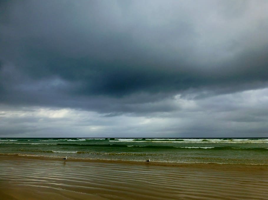 nuvole, mare, onda dell'oceano, spiaggia, cupo, oceano, onda, temporale, minaccioso, ventoso, pioggia