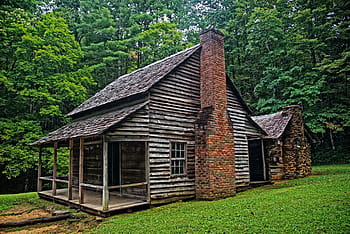 brown, wooden, cabin, surrounded, green, trees, rustic, historical, barn, buildings, farm