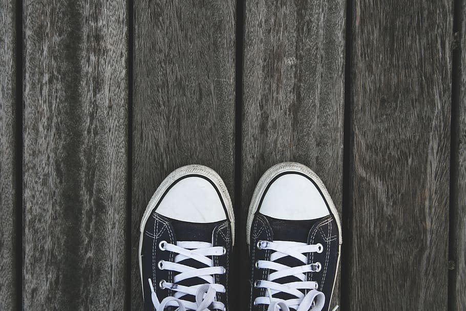 pair, black, low-top sneakers, gray, wooden, floor, shoes, tree, background, sneakers, grey
