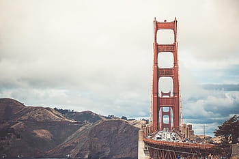 vista frontal, dorado, puente gate, frente, vista, puente golden gate, arquitectura, puente, california, nublado, costa