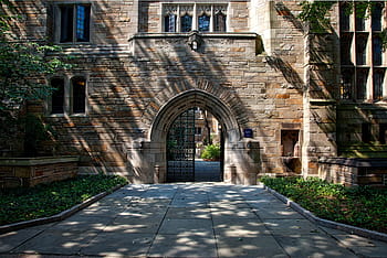brown, cladding wall building, black, metal gate, open, yale university, landscape, universities, schools, colleges, campus