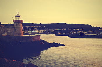 white, lighthouse, overlooking, body, water, silhouette, photography, tower, sea, coast, rocks