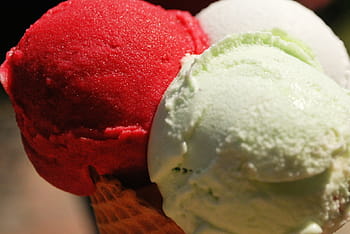 vanilla, cherry, ice cream, cone, red, green, white, ice, cream, brown, gelato