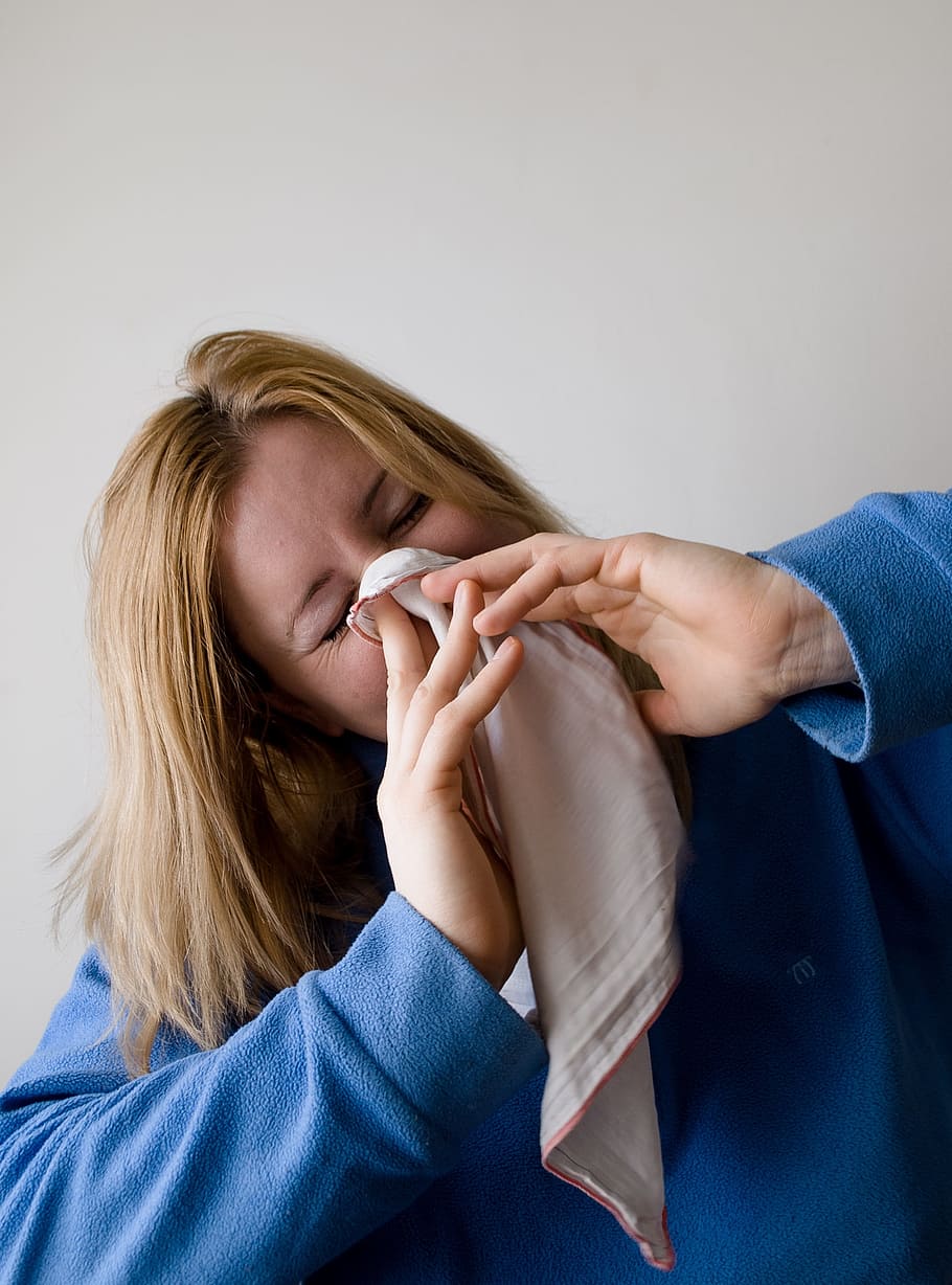 sniffing, white, handkerchief, Woman, Blow, Nose, blowing, hand chief, grey, blond, female
