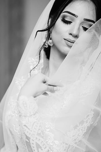 fotografie ve stupních šedi, žena, nošení, závoj, lidé, dívka, nevěsta, bílý, svatba, talár, šaty