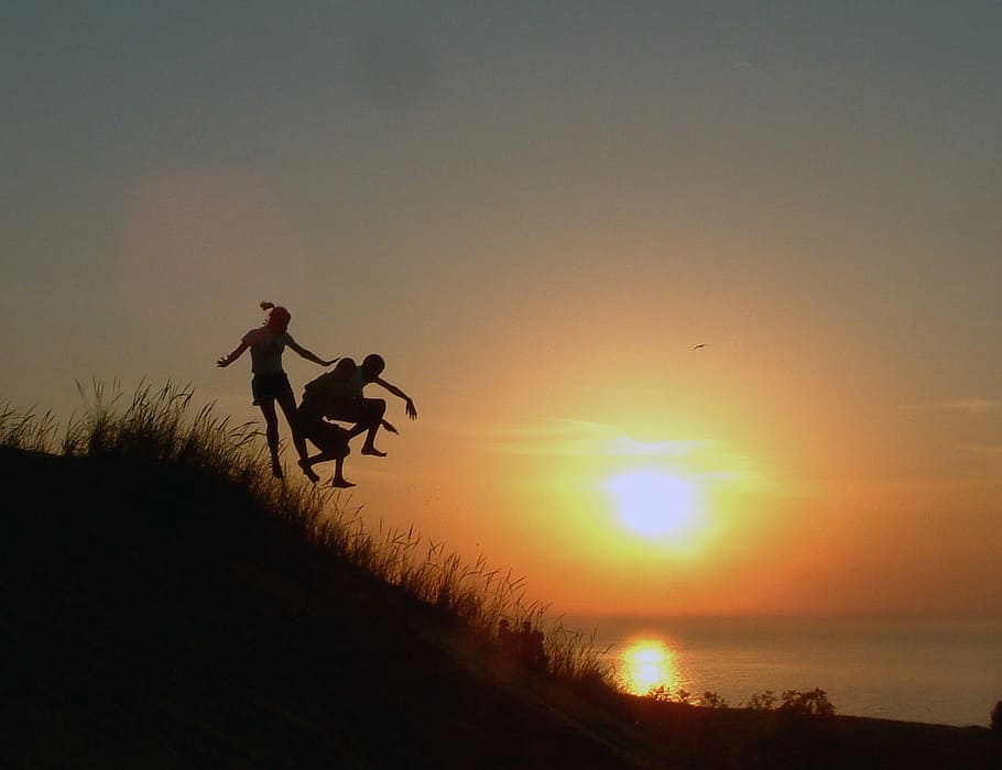 jumping, hill, sunset, children, fun, jump, kids, landscape, people, public domain, scenic