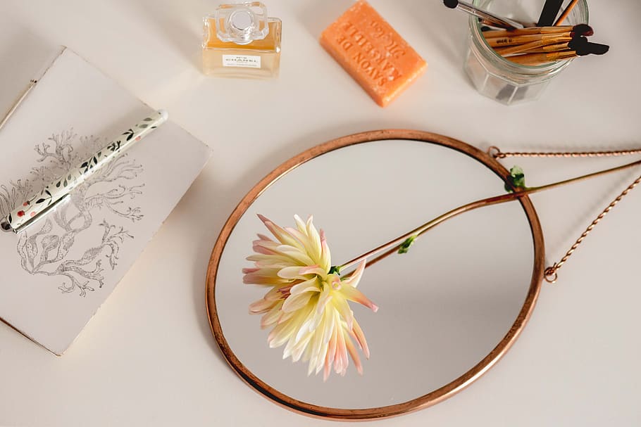 vintage, self-care, gold mirror, dahlia, writer, nostalgia, blank space, flatlay, romantic, reflection, frame