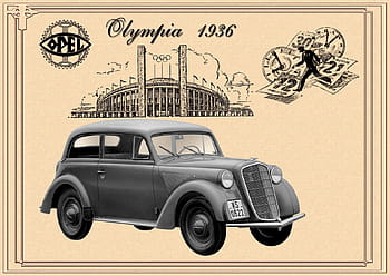 grigio, olympia 1936 auto, opel, Olimpia, 1935-1937, vecchia pubblicità originale, da un giornale di Berlino del 1936, recentemente rivisto, retrò, replicar, pubblicità contemporanea