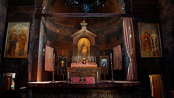 kostel, oltář, interiér, záclona, svíčky, khor virap, klášter, Arménie, architektura, náboženství, středověký