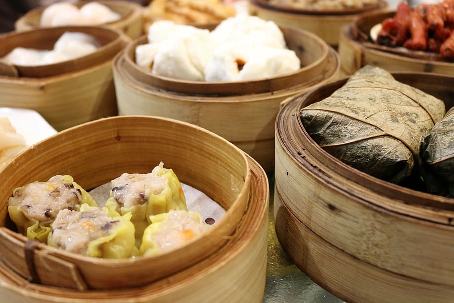 marrom, bolinho de massa, vapor, de madeira, bandeja, dim sum, dim sim, comida, chinês, comer, almoço