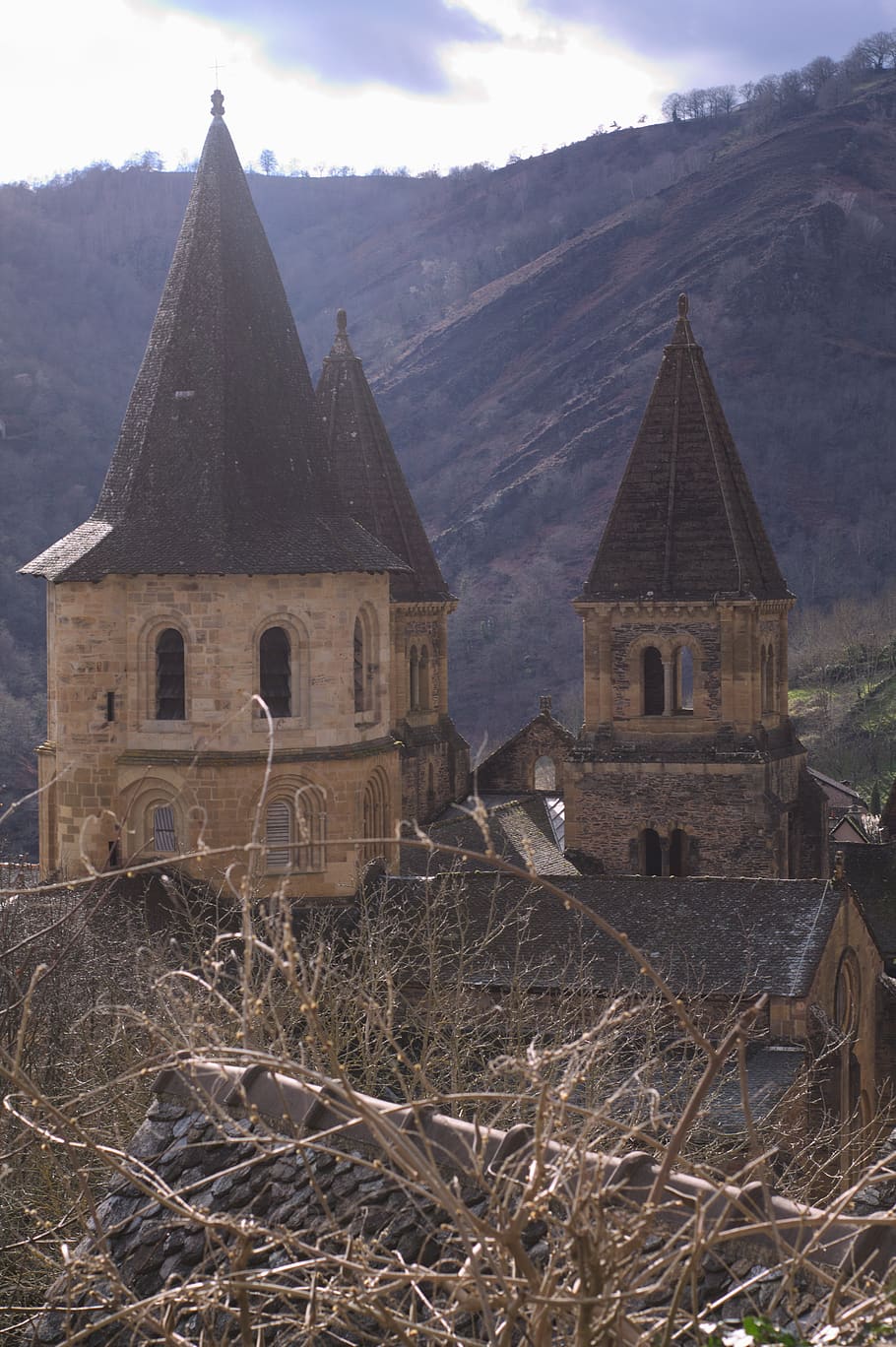středověký, conques, aveyron, opatství, vitráže, dědictví, pouť, vesnice