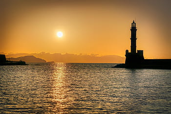 灯台、 異常終了、 チャニア、 クレタ、 ギリシャ、 港、 日没、 風景、 水、 気分、 建築