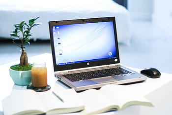 black, gray, hp laptop computer, white, wooden, table, technology, product, fresh, simple, minimalism