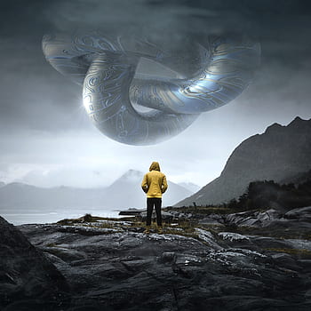 cd cover, fantasy, landscape, flying object, man, mysterious, fantastic, surreal, mystical, dream, mood