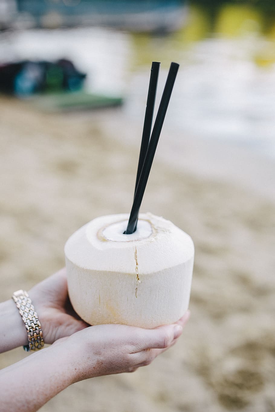 summer, fruit, holidays, vacations, coconut, fresh coconut, coconut water, juice, straw, coconut milk, Female
