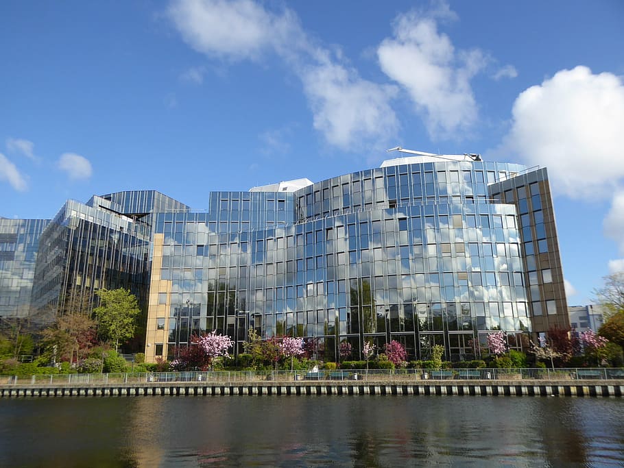 clouds, mirroring, facade, sky, reflection, glass, mirror, glass facade, skyscraper, berlin, spree