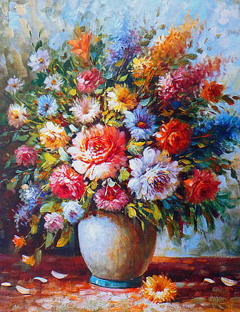 Foto, Blumenschmuck, Vase Ölgemälde, Vase, Ölgemälde, Malerei, Bild, Kunst, Kunstwerk, Blumen, Strauß