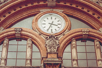 low-angle photo, dome, brown, building, analog clock, 34 time, station clock, time, clock, tower, church