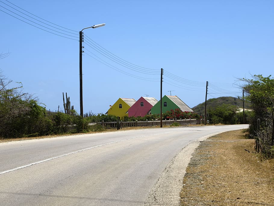 Colourful, Houses, Building, colourful houses, homes, architecture, colorful, color, road, curacao, caribbean