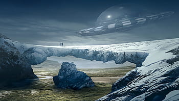Šedá, Černá, kosmická loď ilustrace, fantazie, krajina, UFO, ledovec, mystický, atmosféra, nálada, Krásná