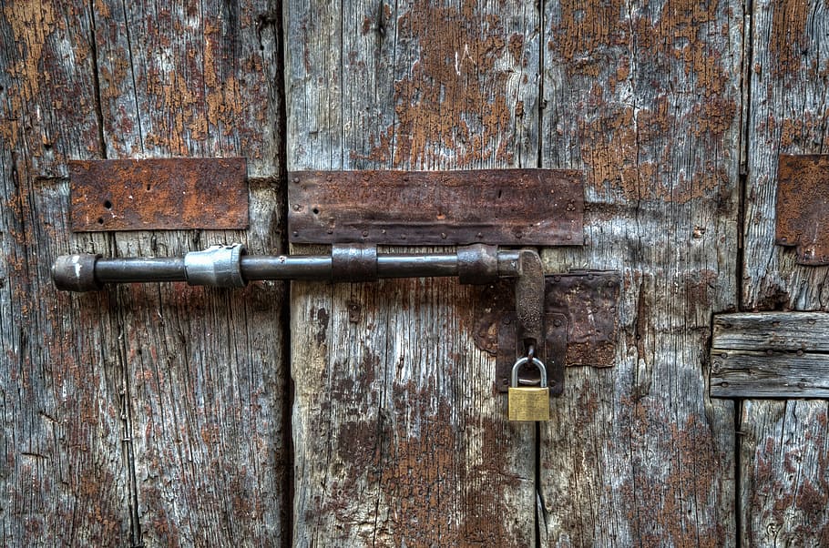 brass padlock, door, wood, lock, rust, corrosion, entrance, house, close, key, access