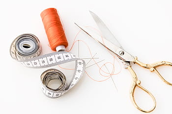 brass, stainless, steel scissors, orange, thread, stainless steel, scissors, tape measure, fabric scissors, needles, cutter tools