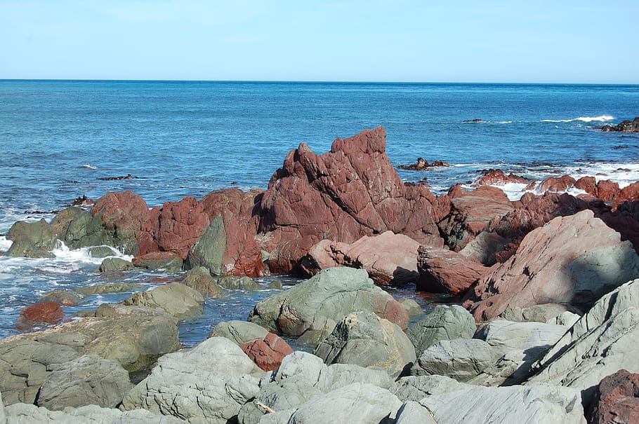 červená skála, Nový Zéland, moře, Příroda, voda, pláž