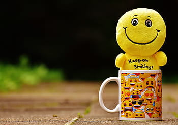 yellow, smiley, plush, toy, mug, brown, floor, daytime, smilies, cup, funny