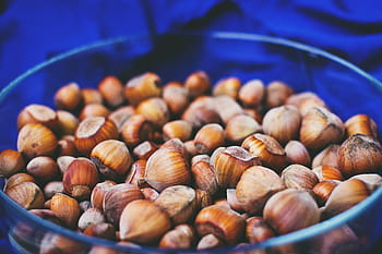 close-up photo, brown, chestnut lot, blue, container, bowl, nuts, hazelnuts, food, food and drink, large group of objects