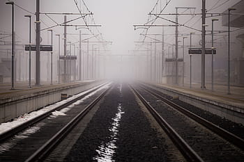 tren rayı, kapalı, dumanlı sis, tren, demiryolu, siyah ve beyaz, Izlemek, taşımacılık, hat, demiryolu yolu, kablo