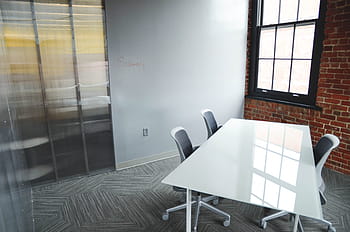 rectangular, white, wooden, table, three, vacant, rolling, chairs, office, startup, room
