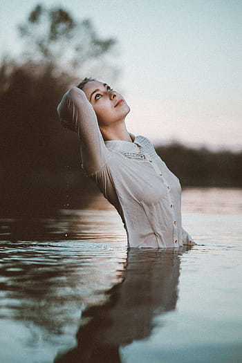 donna, bianca, camicia, nuoto, giorno, persone, ragazza, mare, acqua, riflessione, donne