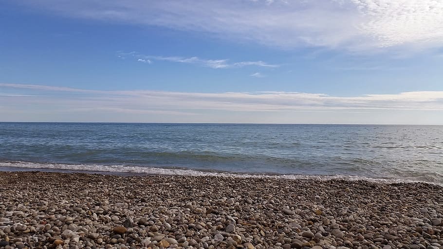 jezero, Michigan, kamenitá pláž, nebe, horizont