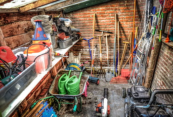 two, green, watering, cans, wheelbarrow, shed, garden, tools, gardening, can, pitch fork