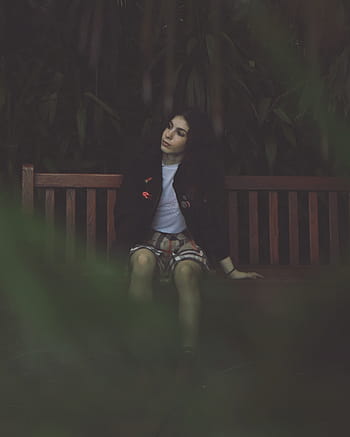 woman, sitting, wooden, bench, trees, dark, plant, outdoor, people, girl, alone