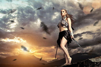 woman, black, skirt, holding, two, swords, graphic, wallpaper, warrior, female, sunset
