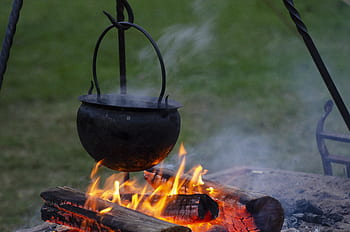 fire, pot, historical, reenactment, cauldron, flame, cook, hot, witch, stew, smoke