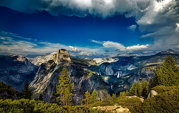 landscape photo, mountain range, lush, forest, yosemite, national park, landscape, california, mountains, vista, sky